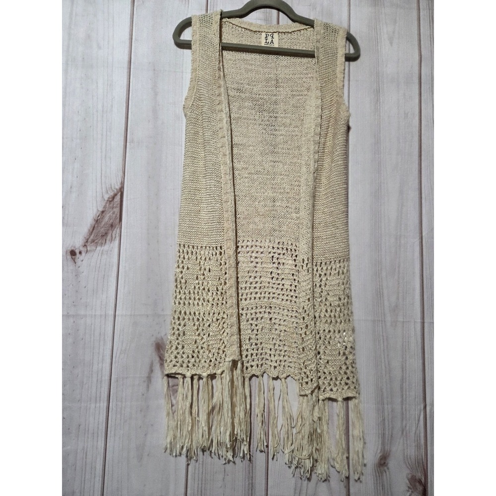 People's Project‎ LA Orchid Knit Vest Natural Cream Boho Fringe Longline Medium